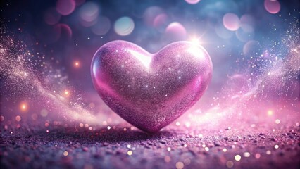 Fototapeta premium Vibrant pink heart shape surrounded by swirling clouds of shimmering silver glitter on a soft, pastel purple background with subtle texture and gentle gradient.