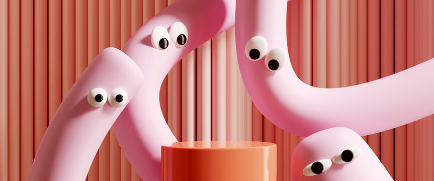 Minimal product background for sale promotion concept. Pastel tube cartoon with googly eyes and podium on pink corrugate background. 3d render illustration. Clipping path of each element included.