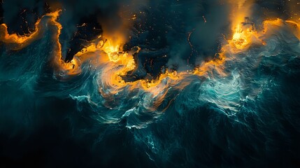 Fototapeta premium A mesmerizing abstract image featuring a dramatic clash of fire and water, creating a dynamic blend of fiery orange and deep blue waves. Ideal for concepts of natural forces, energy, and creative powe