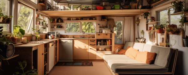 Naklejka premium A warm and inviting tiny home interior filled with green plants and natural light, reflecting a sustainable and minimalist lifestyle