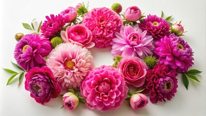 Vibrant pink peonies and dahlias arranged in a beautiful, modern, circular floral design against a clean white background, perfect for spring and summer celebrations.