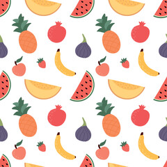 Fruit and berry background, abstract food, seamless pattern. Fresh fruit wallpaper with long watermelon, dynamite, fig, strawberry, texts icons. Vegetarian food vector illustration. EPS10.