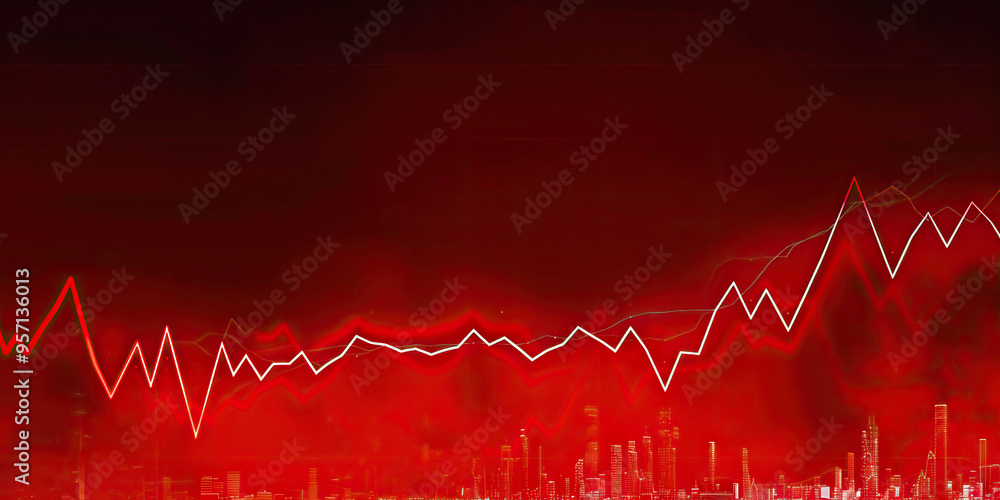 Poster a line graph showing the rise and fall of stock prices against a deep red background.