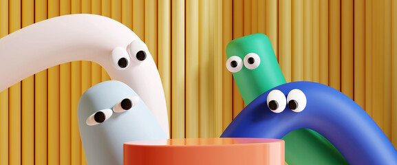 Minimal product background for sale promotion concept. Pastel tube cartoon with googly eyes and podium on yellow corrugate background. 3d render illustration. Clipping path of each element included.