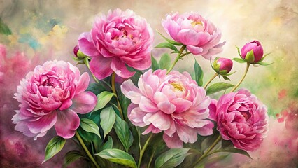 Vibrant pink peonies bloom against a soft, watercolor-inspired backdrop featuring gentle, whispy brushstrokes and subtle texture, perfect for elegant designs and sophisticated arrangements.