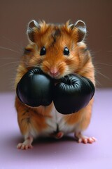 A cute hamster wearing boxing gloves stands in a boxing stance on a purple surface