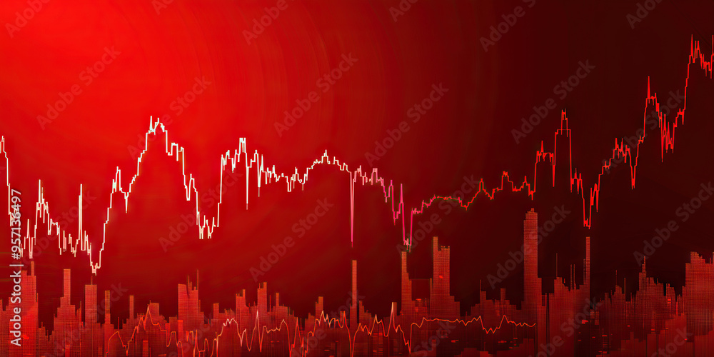 Poster a line graph showing the rise and fall of stock prices against a deep red background.