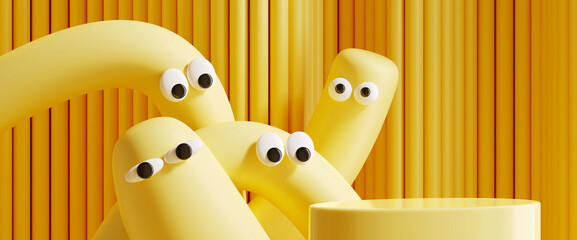 Minimal product background for sale promotion concept. Pastel tube cartoon with googly eyes and podium on yellow corrugate background. 3d render illustration. Clipping path of each element included.