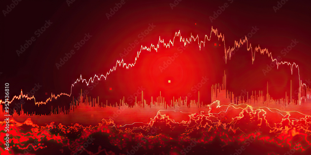 Poster a line graph showing the rise and fall of stock prices against a deep red background.