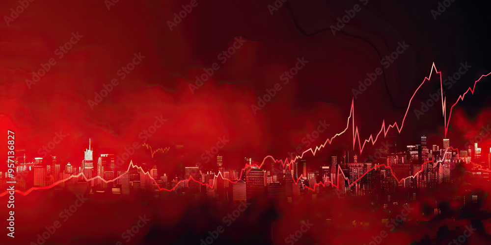 Poster a line graph showing the rise and fall of stock prices against a deep red background.