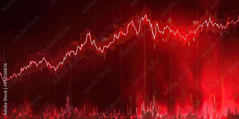 Aufkleber a line graph showing the rise and fall of stock prices against a deep red background.