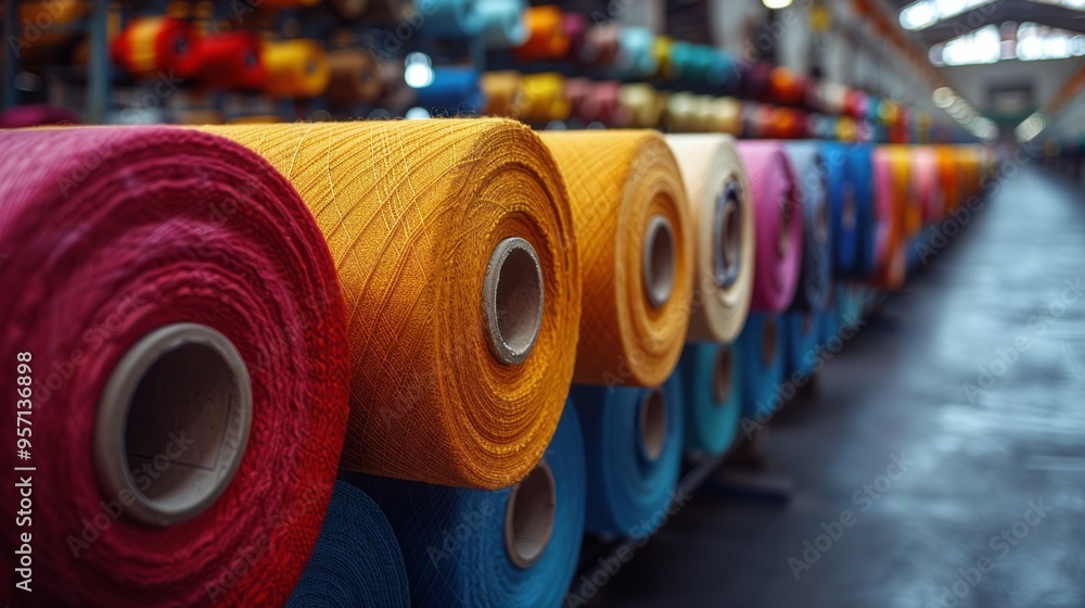 Aufkleber a row of colorful yarns are displayed in a store