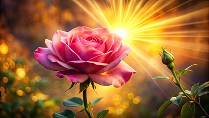Vibrant pink rose blooms against a warm, golden-lit background with a radiant sunflare, casting a kaleidoscope of light rays and subtle, soft shadows.