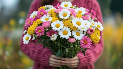 A bouquet of mixed daisies, symbolizing innocence and cheerfulness, used in summer or friendship-themed promotions