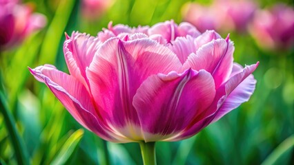 Naklejka premium Vibrant pink tulip petals softly ruffled, delicate stamens centered, against a blurred green background, showcasing intricate details of the blooms' natural beauty in springtime.