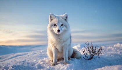 Obraz premium A portrait of a arctic fox, its white fur contrasting beautifully against the snow-covered landscape. The golden hues of the setting sun cast a magical glow on the scene. 1