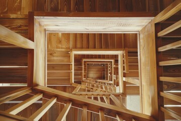 A downward view of a wooden spiral staircase with exquisite craftsmanship, exhibiting depth and symmetry.