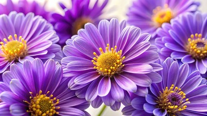 Obraz premium Vibrant purple flowers with delicate petals and golden centers bloom on a soft, white background, perfect for warm and heartfelt greeting card designs.