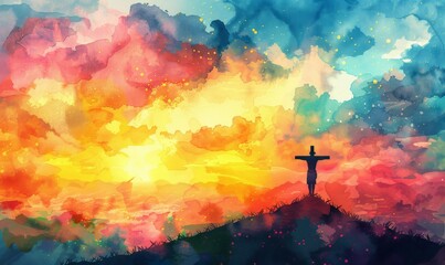 Fototapeta premium The artwork portrays Jesus Christ on the cross, silhouetted against a stunning watercolor sunrise filled with vibrant colors, symbolizing faith, sacrifice, and hope. Generative AI