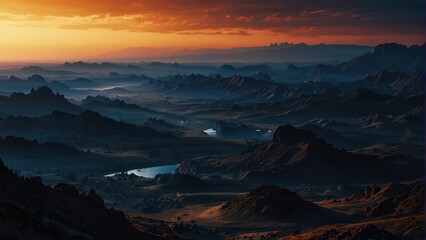 Naklejka premium Wonderful view from the mountains on the setting sun