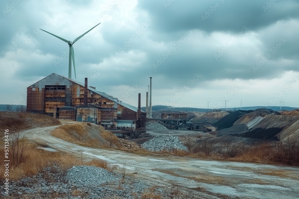 Poster wind turbines stand tall beside abandoned coal mines and factories, symbolizing a shift towards rene