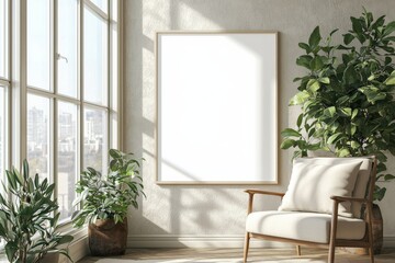 Poster Frame in Beige minimalist living room interior created with generative AI