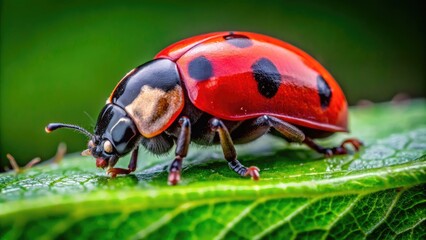 Obraz premium Vibrant red and black ladybug perches on a delicate green leaf, its shiny exoskeleton and intricate details visible in stunning macro perspective.