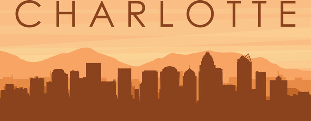 Brown panoramic poster of the city skyline with misty background buildings, sunrise, clouds and mountains of CHARLOTTE, UNITED STATES