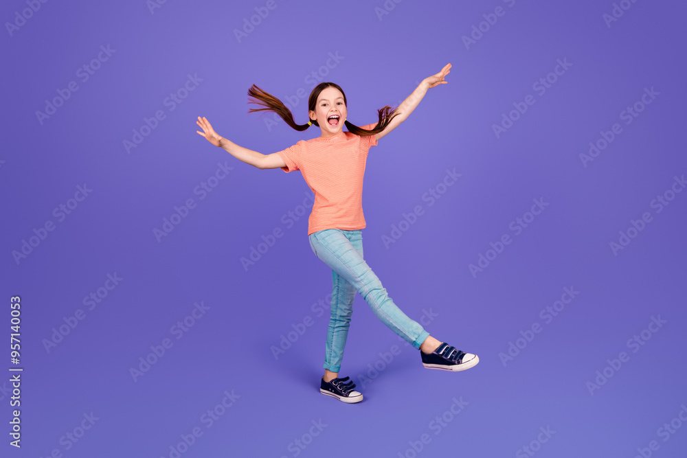 Sticker full body photo of cute little girl excited dancing have fun dressed stylish red clothes isolated on