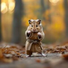 Obraz premium A small hamster dressed in a brown karate uniform stands in a fighting stance on a path through a fall forest