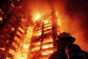 Firefighter faces a towering inferno engulfing a high-rise building, demonstrating valor amidst intense flames and chaos.