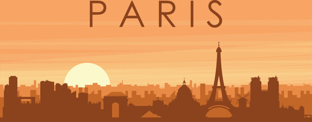 Brown panoramic poster of the city skyline with misty background buildings, sunrise, clouds and mountains of PARIS, FRANCE