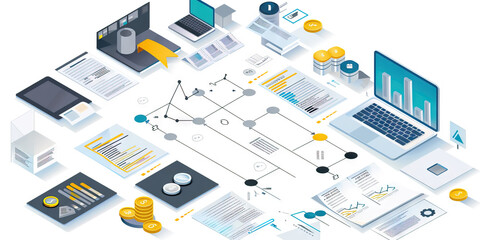 Obraz premium A flowchart of investment strategies, each step color-coded for easy identification, with shades of gray and blue.
