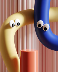 Minimal product background for sale promotion concept. Pastel tube cartoon with googly eyes and podium on pink corrugate background. 3d render illustration. Clipping path of each element included.