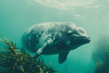 A majestic seal swims gracefully underwater, surrounded by aquatic plants in a serene ocean scene.