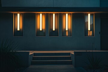 An exterior shot of a modern building facade with warmly lit vertical windows at dusk, casting a welcoming glow.