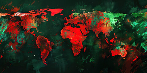An area chart of global trade volume, with each continent's share represented by different shades of red and green.