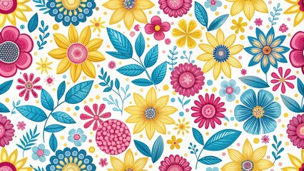 Vibrant, stylized flowers in shades of pink, yellow, and blue adorn a repeating pattern on a white background, evoking a sense of whimsy and elegance.