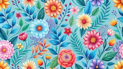 Vibrant, stylized floral pattern featuring colorful blooms and delicate leaves set against a soft, gradient blue background, ideal for wallpaper, fabric, or digital design.