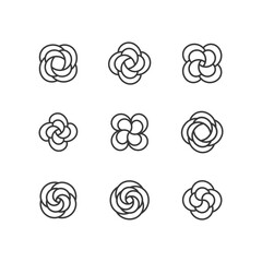 Flower bud with spiral element. Set of 9 geometric shape. Modern linear design print.  Modern abstract linear compositions and graphic design elements.