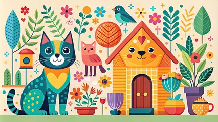 Naklejka premium Vibrant, stylized illustration of a happy cat, dog, and bird surrounded by minimalist home decor elements in a colorful, whimsical flat design composition.
