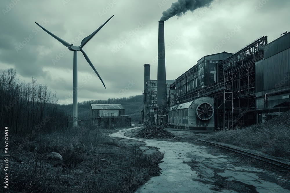 Aufkleber the landscape showcases closed coal mines and modern wind turbines, symbolizing the transition from 