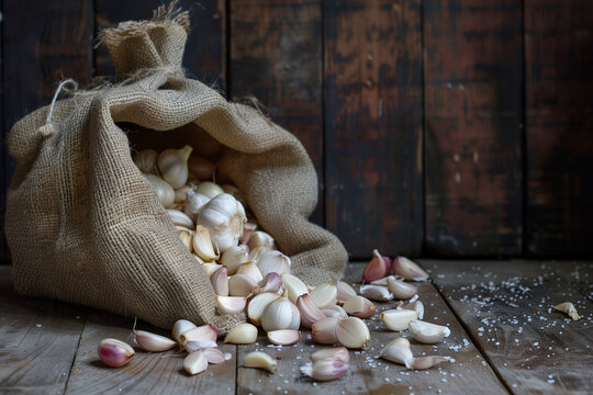 The garlic is scattered from the sack on an old wooden background.