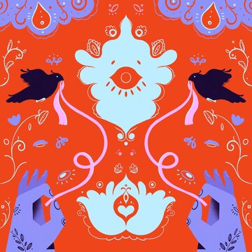 retro ornament on an orange background with garland, birds, hands