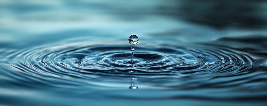 Macro shot of a single water droplet creating ripples on a calm water surface, showcasing the beauty and simplicity of nature.