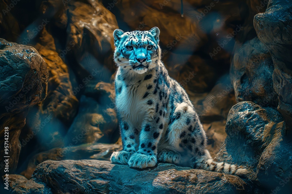 Poster snow leopard resting on rocks in a zoo enclosure