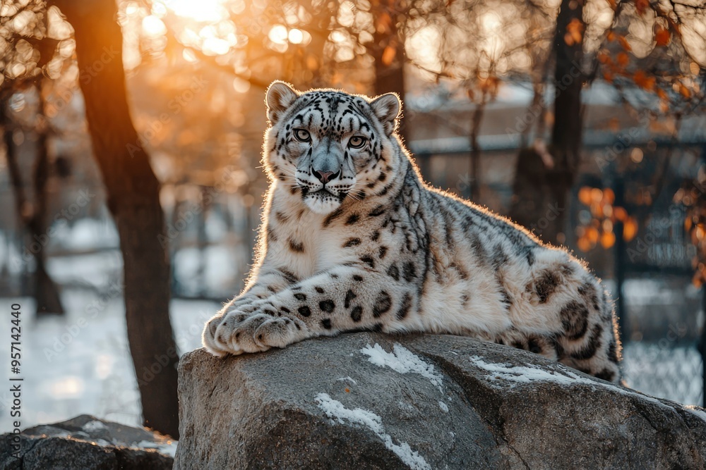 Poster snow leopard resting on a rock in a wintery setting