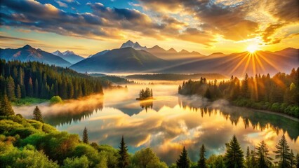 Fototapeta premium Vibrant sunrise erupts over serene mist-shrouded mountains, with golden light dancing across lush green forests and sparkling lake waters in breathtaking high-resolution detail.