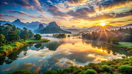 Obraz premium Vibrant sunrise illuminates a serene valley landscape featuring lush greenery, misty mountains, and a tranquil lake reflecting the majestic scenery in perfect harmony.