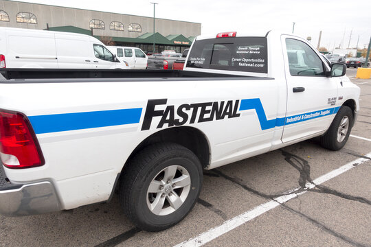 A truck parked advertising the Fastenal Company selling industrial and construction fastener supplies and needing workers. St Paul Minnesota MN USA